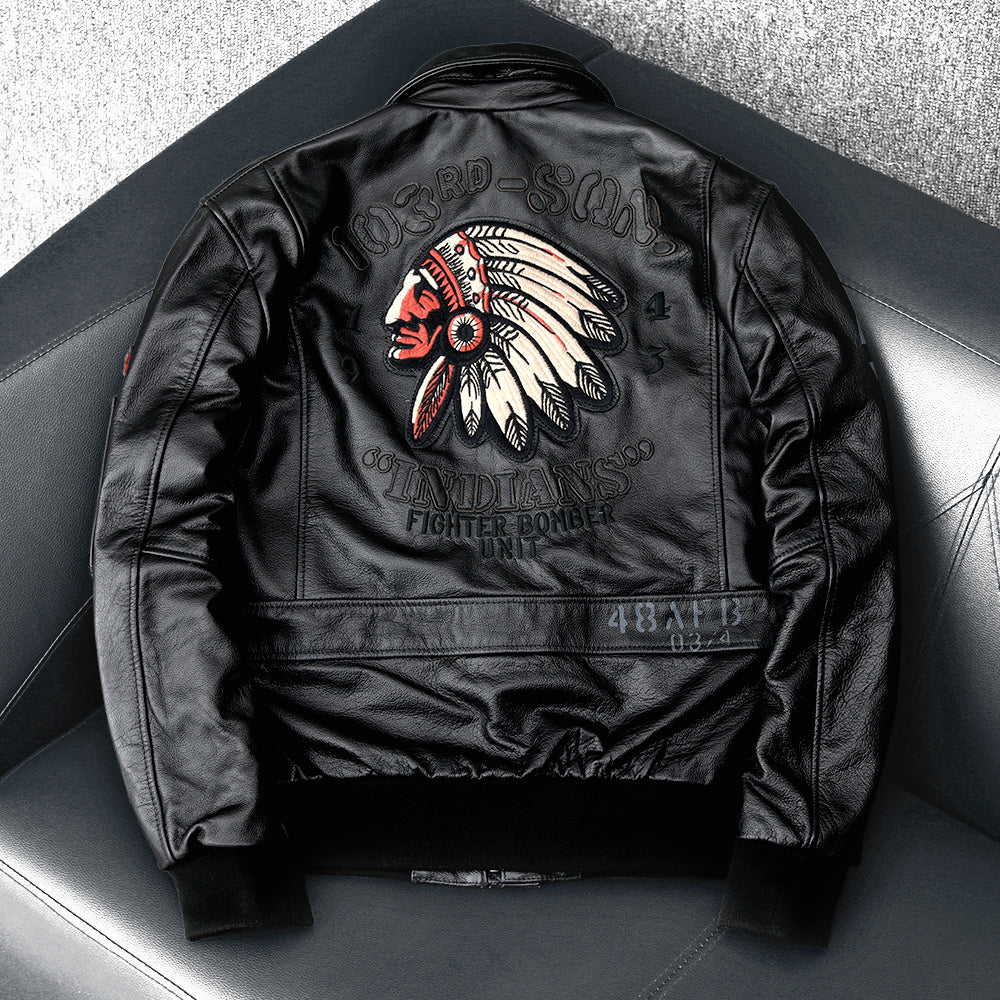 Men's Embroidered Bomber Flight Genuine Cowhide Leather Jacket