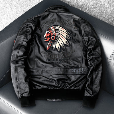 Men's Embroidered Bomber Flight Genuine Cowhide Leather Jacket