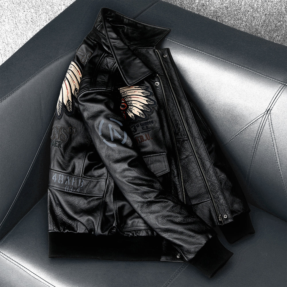 Men's Embroidered Bomber Flight Genuine Cowhide Leather Jacket