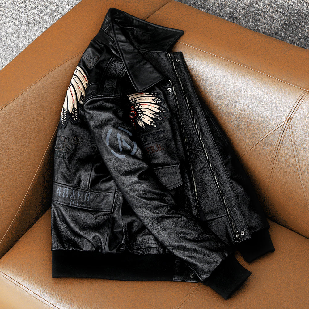 Veste en cuir de vachette véritable Bomber Flight brodée pour hommes