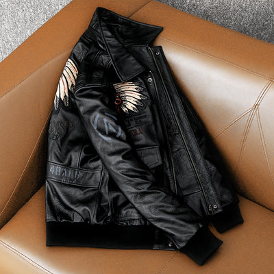 Veste en cuir de vachette véritable Bomber Flight brodée pour hommes