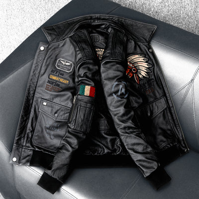 Men's Embroidered Bomber Flight Genuine Cowhide Leather Jacket