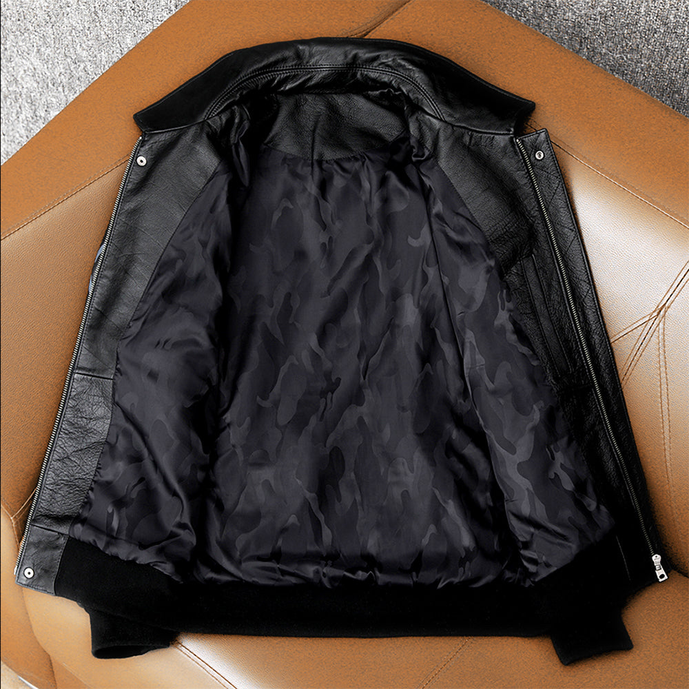 Veste en cuir de vachette véritable Bomber Flight brodée pour hommes