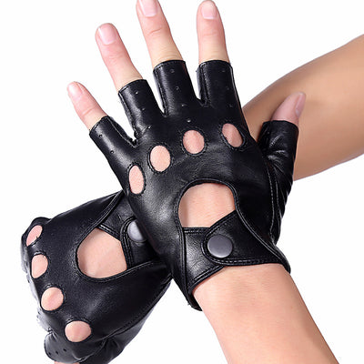 Black Fingerless Genuine Leather Gloves