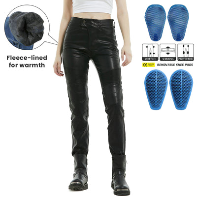 Winter Warm Windproof Women Fleece-Lined Leather Pants