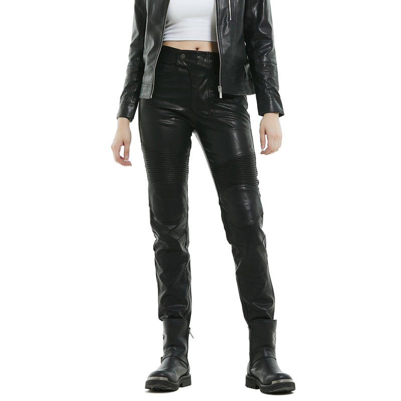 Winter Warm Windproof Women Fleece-Lined Leather Pants