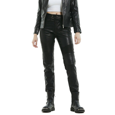 Winter Warm Windproof Women Fleece-Lined Leather Pants