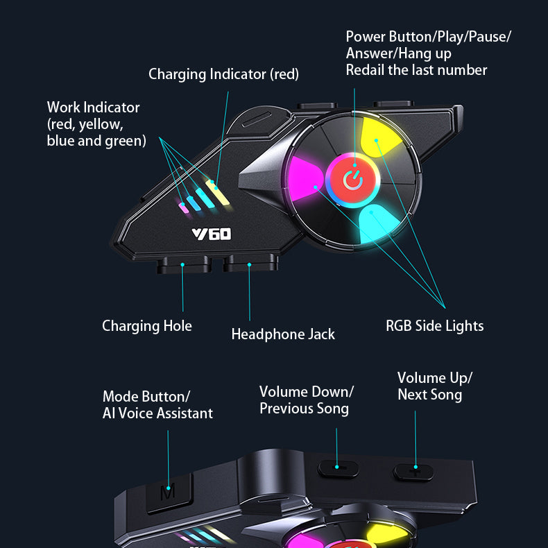 Motorcycle Helmet Bluetooth Headset with RGB Lights