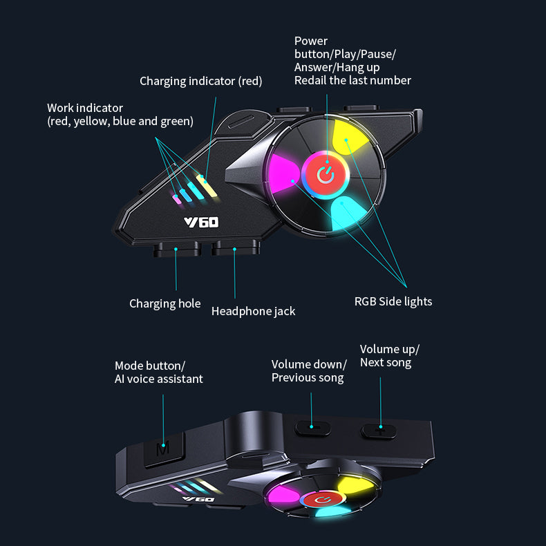 Motorcycle Helmet Bluetooth Headset with RGB Lights