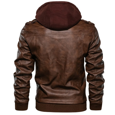 Distressed Leather Jacket Hooded Motorcycle Coat