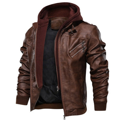 Distressed Leather Jacket Hooded Motorcycle Coat