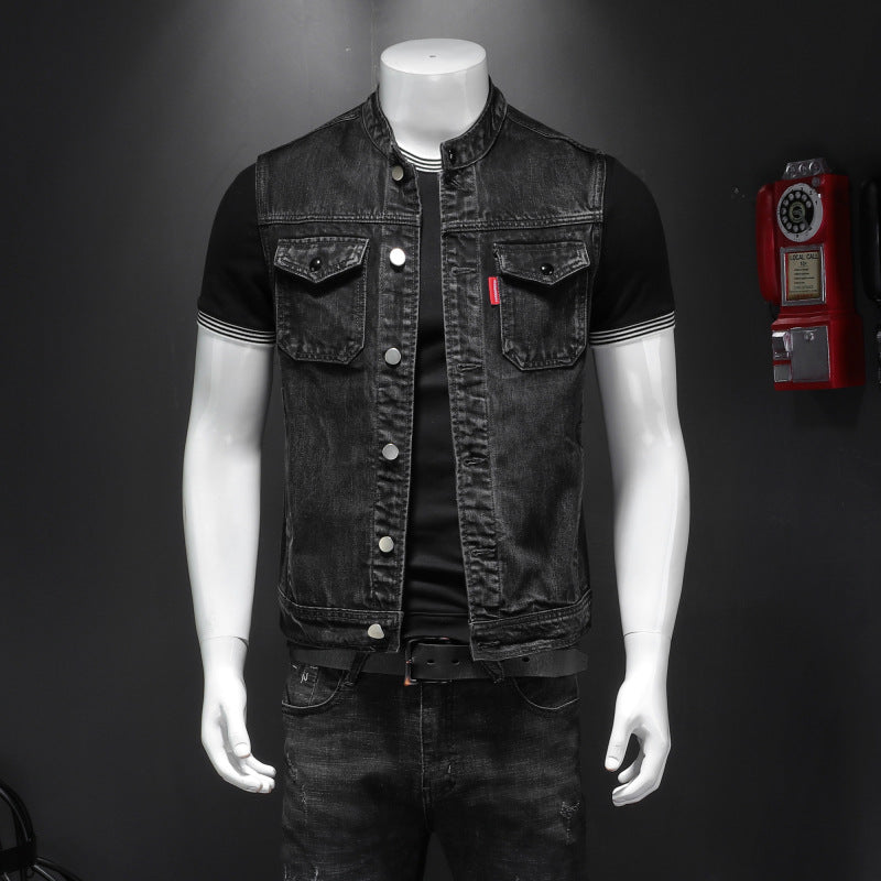 Men's Black Denim Vest with Two Chest Pockets