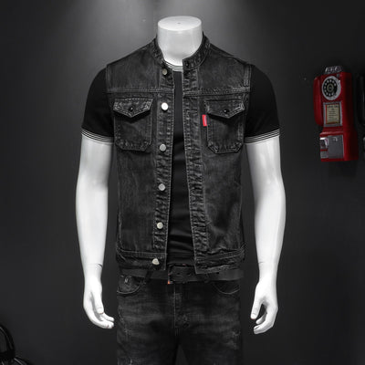 Men's Black Denim Vest with Two Chest Pockets