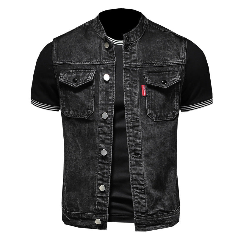 Men's Black Denim Vest with Two Chest Pockets