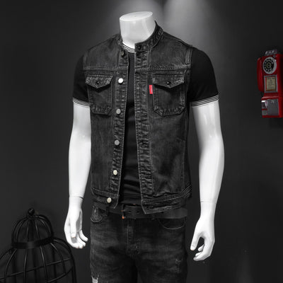 Gilet en jean noir pour hommes avec deux poches poitrine