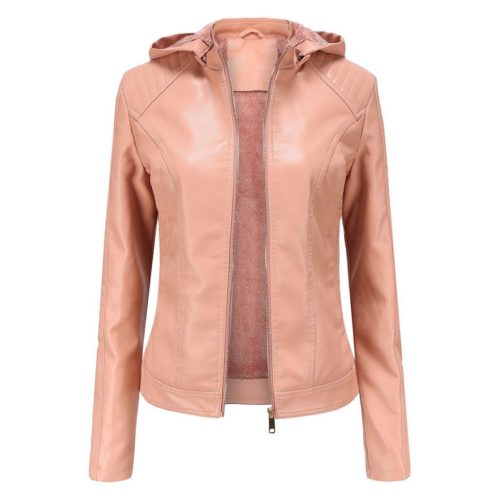 Faux Leather Jacket with Removable Hood