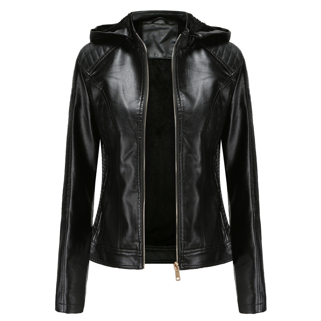 Faux Leather Jacket with Removable Hood