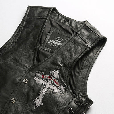 V-Neck Skull Cross Leather Vest