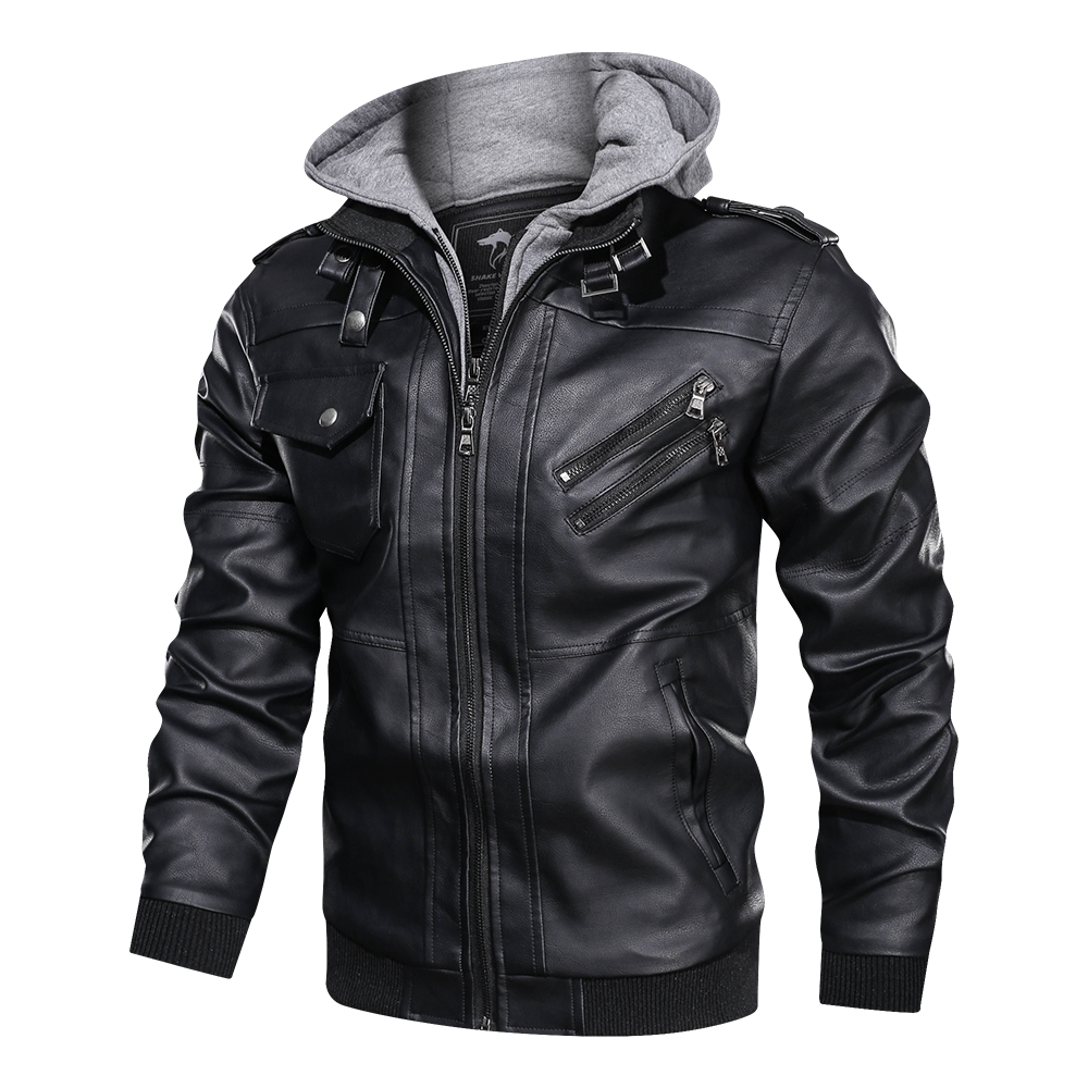 Distressed Leather Jacket Hooded Motorcycle Coat