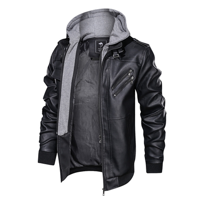 Distressed Leather Jacket Hooded Motorcycle Coat