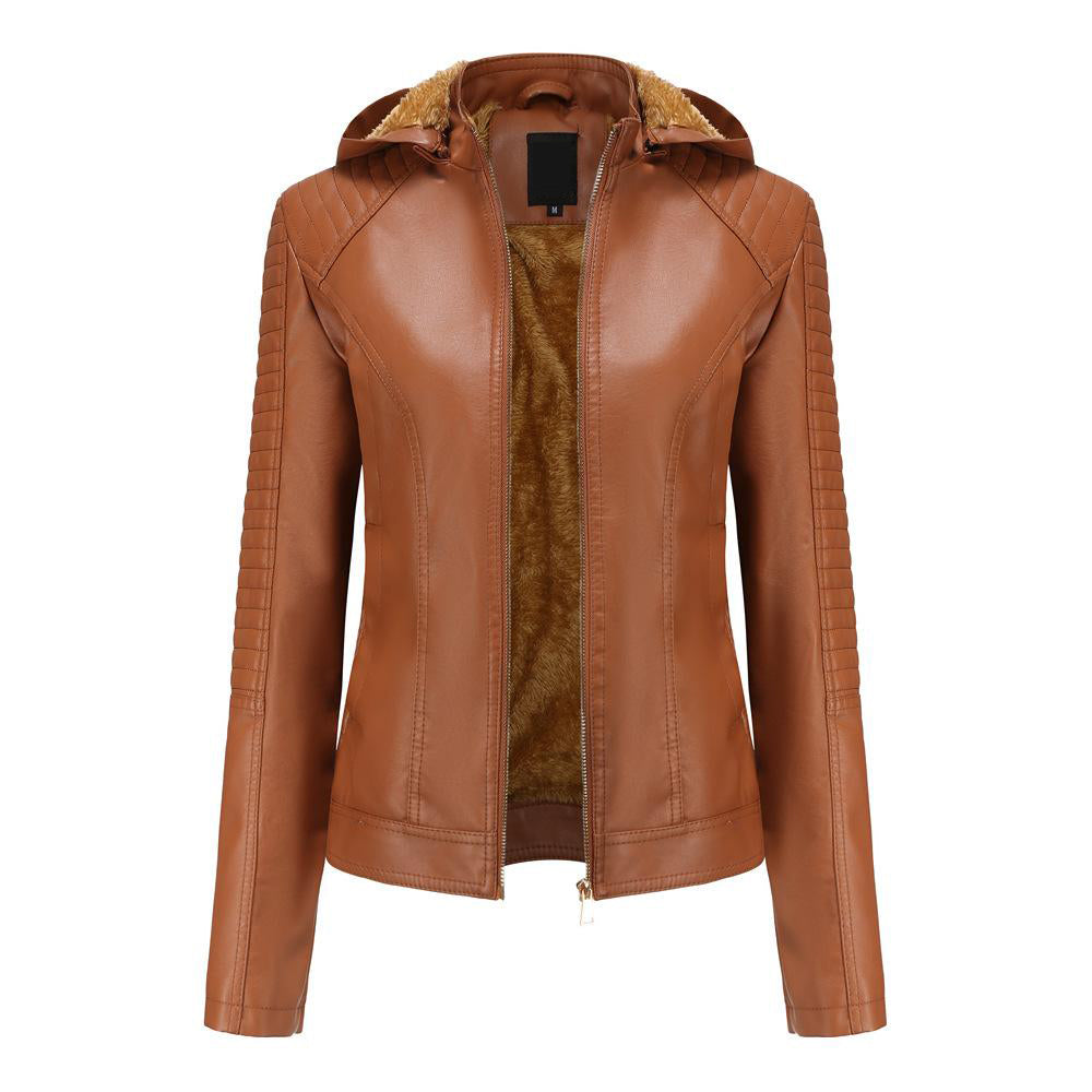 Faux Leather Jacket with Removable Hood