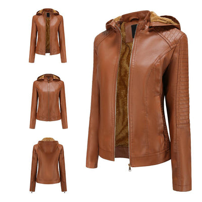 Faux Leather Jacket with Removable Hood