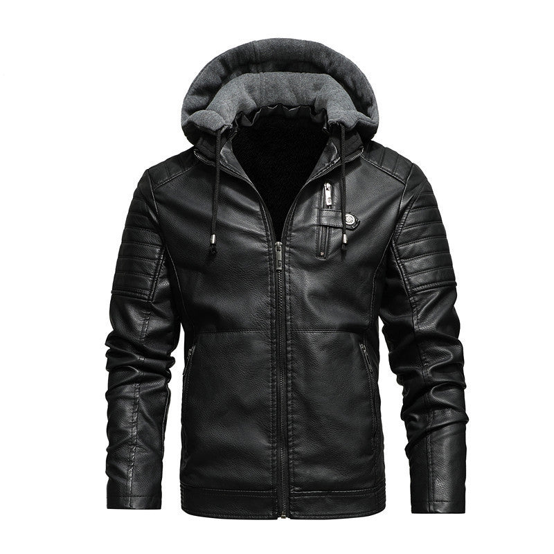 Men's Leather Coat with Removable Hood