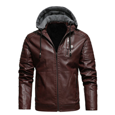 Men's Leather Coat with Removable Hood