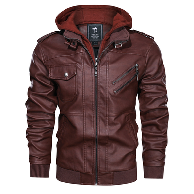 Distressed Leather Jacket Hooded Motorcycle Coat - Burgundy