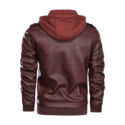 Distressed Leather Jacket Hooded Motorcycle Coat - Burgundy