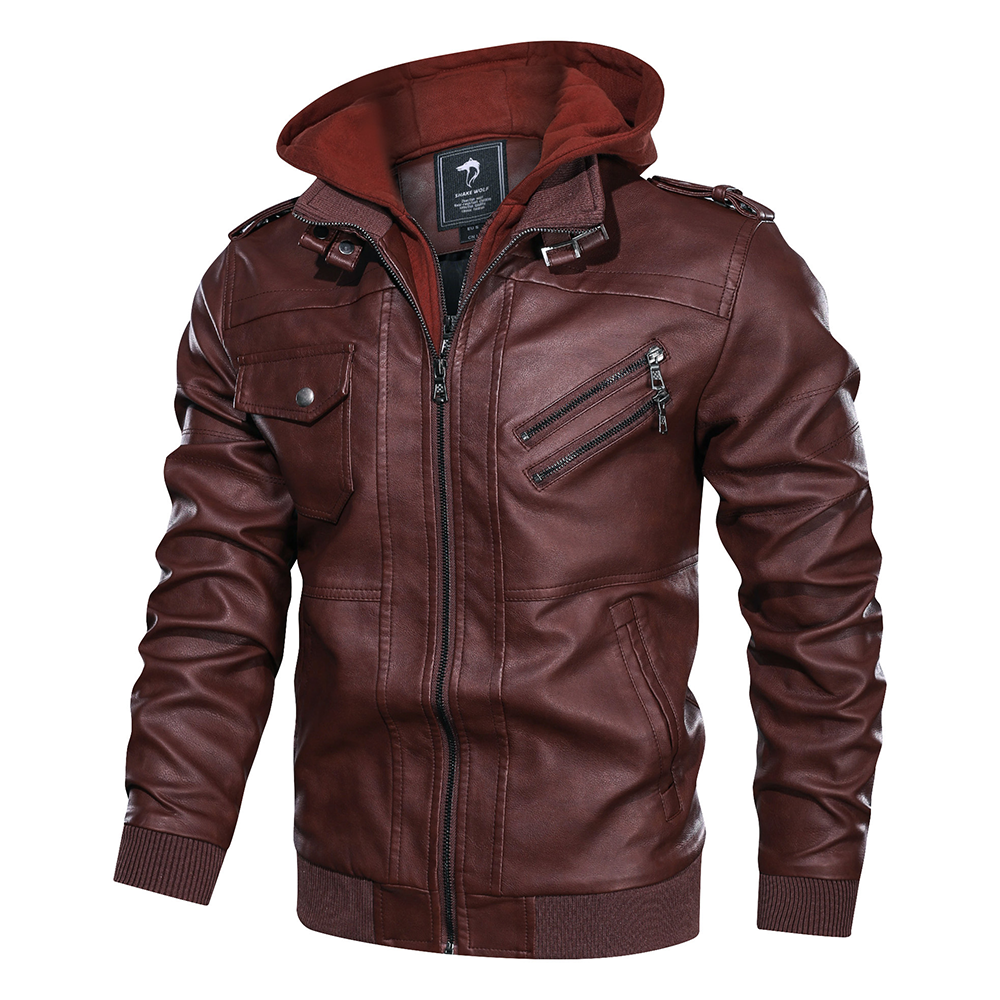 Distressed Leather Jacket Hooded Motorcycle Coat - Burgundy