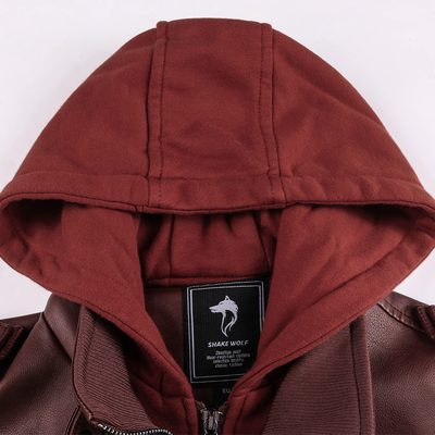 Distressed Leather Jacket Hooded Motorcycle Coat - Burgundy