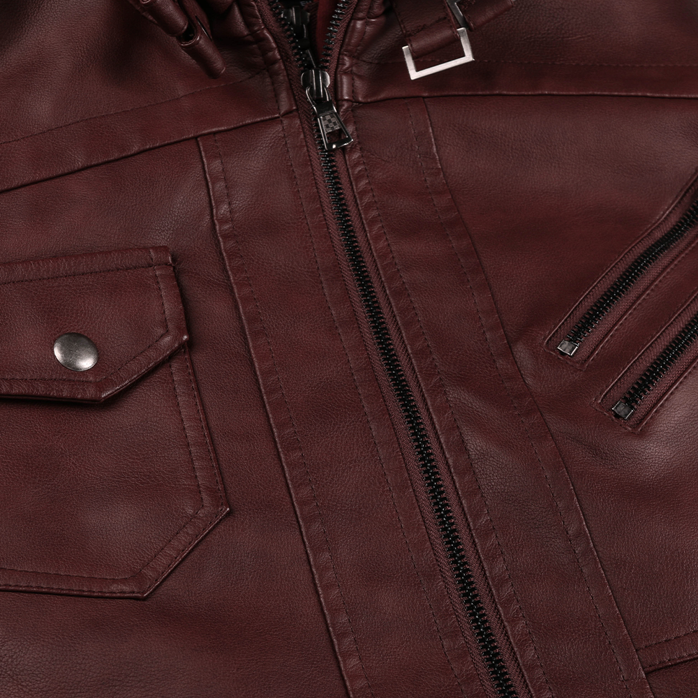 Distressed Leather Jacket Hooded Motorcycle Coat - Burgundy