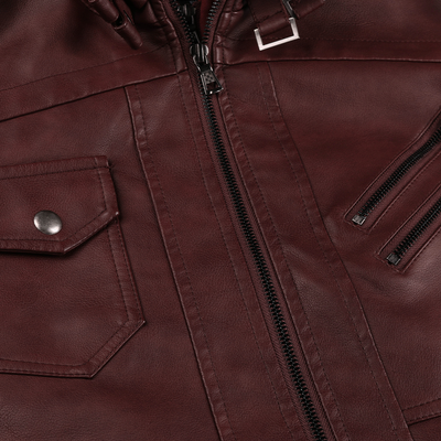 Distressed Leather Jacket Hooded Motorcycle Coat - Burgundy