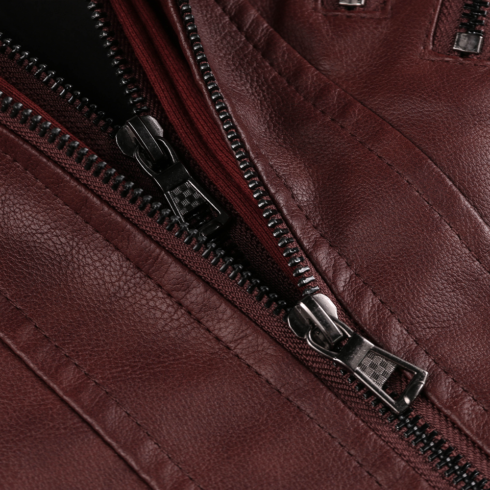 Distressed Leather Jacket Hooded Motorcycle Coat - Burgundy