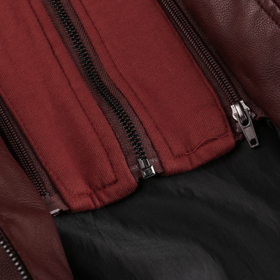 Distressed Leather Jacket Hooded Motorcycle Coat - Burgundy