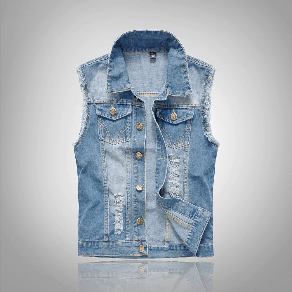 Gilet en jean déchiré bleu ciel