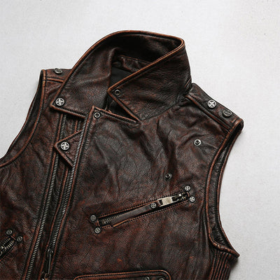 Veste de motard sans manches en cuir zippé Steampunk