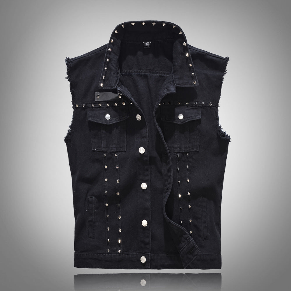 Gilet en denim noir à rivets rétro punk