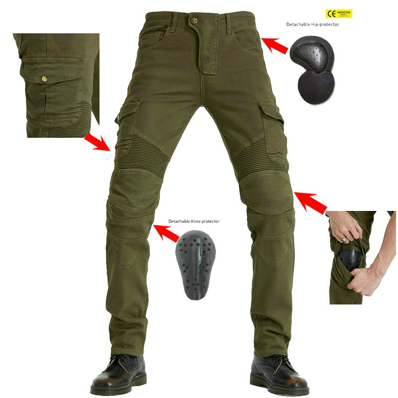 Motorcycle Racing Denim LB1 Pants With Hip Knee Protective Pads - Army Green