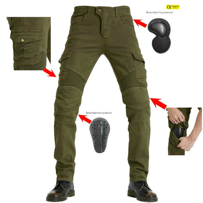 Motorcycle Racing Denim LB1 Pants With Hip Knee Protective Pads - Army Green