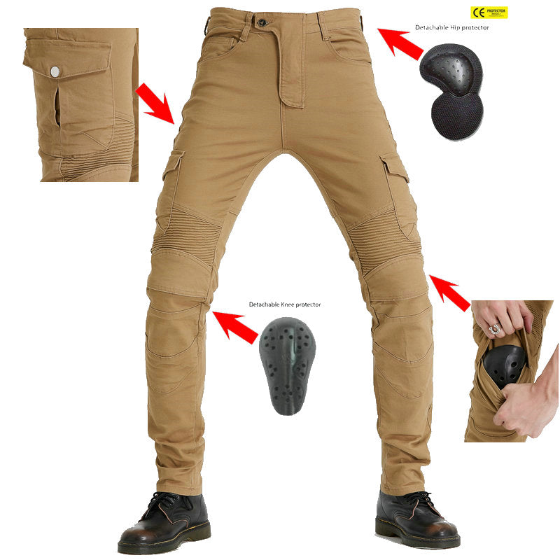 Motorcycle Racing Denim LB1 Pants With Hip Knee Protective Pads - Khaki