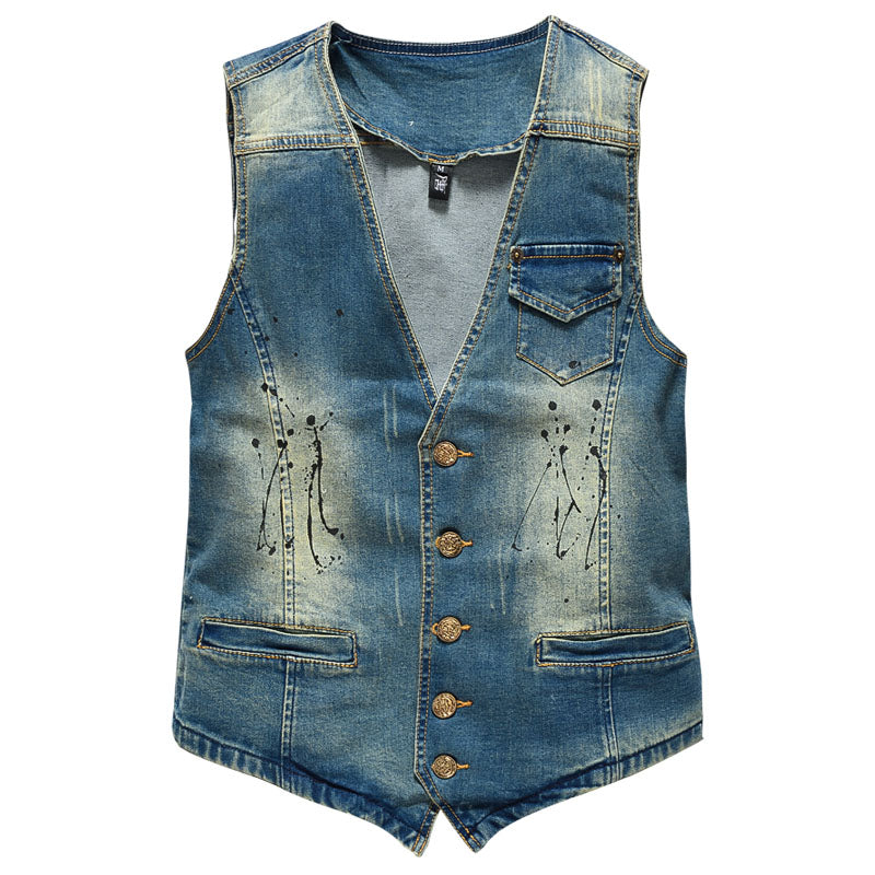 Gilet en denim vieilli à col en V