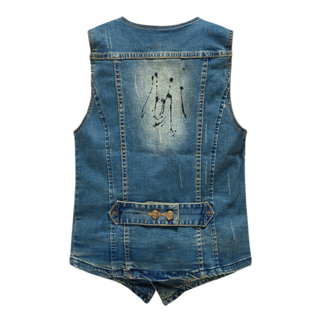 V Neck Distressed Denim Vest