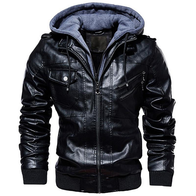 Motorcycle Zip-Front Leather Jacket with Hood