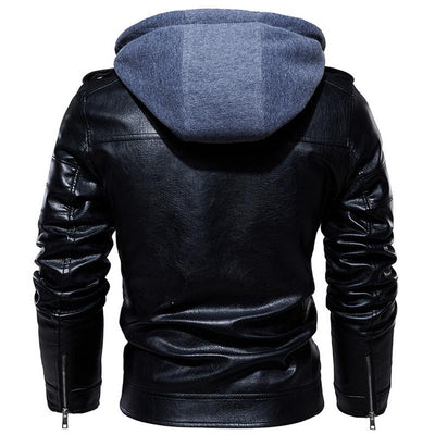 Motorcycle Zip-Front Leather Jacket with Hood