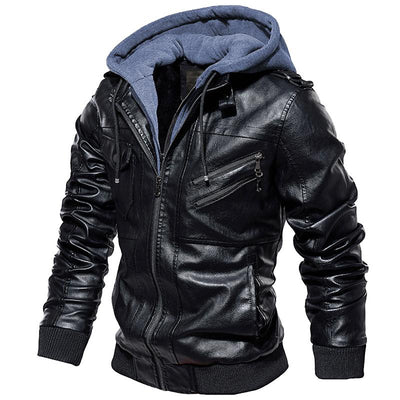 Motorcycle Zip-Front Leather Jacket with Hood