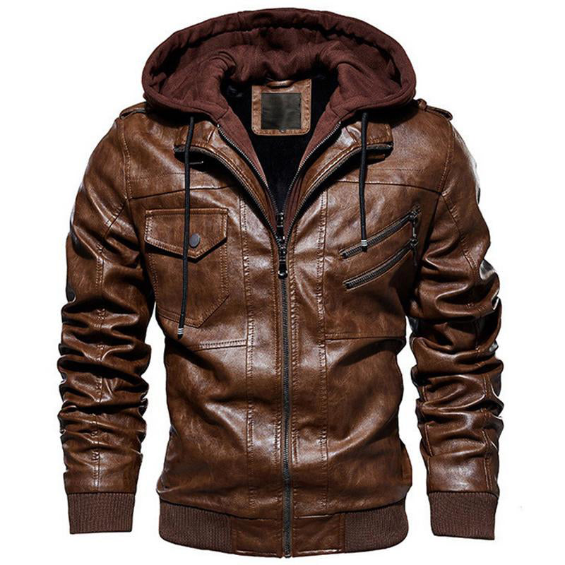 Motorcycle Zip-Front Leather Jacket with Hood