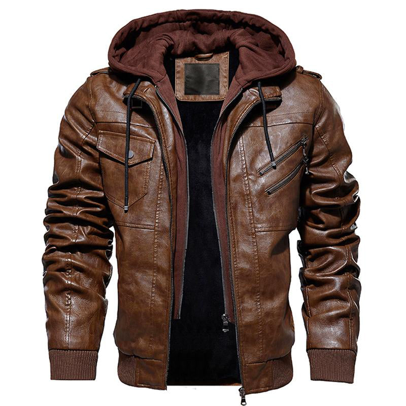 Motorcycle Zip-Front Leather Jacket with Hood