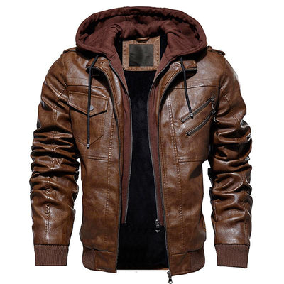 Motorcycle Zip-Front Leather Jacket with Hood